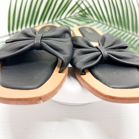 CREVO Kitty Bow Leather Slide Sandal Size 6 Black Square Open Toe Flats - Picture 3 of 11